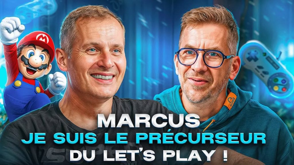 Marcus, précurseur du Let's Play, en interview à Geek Life aux côtés de l'animateur, avec l'univers rétro gaming en arrière-plan