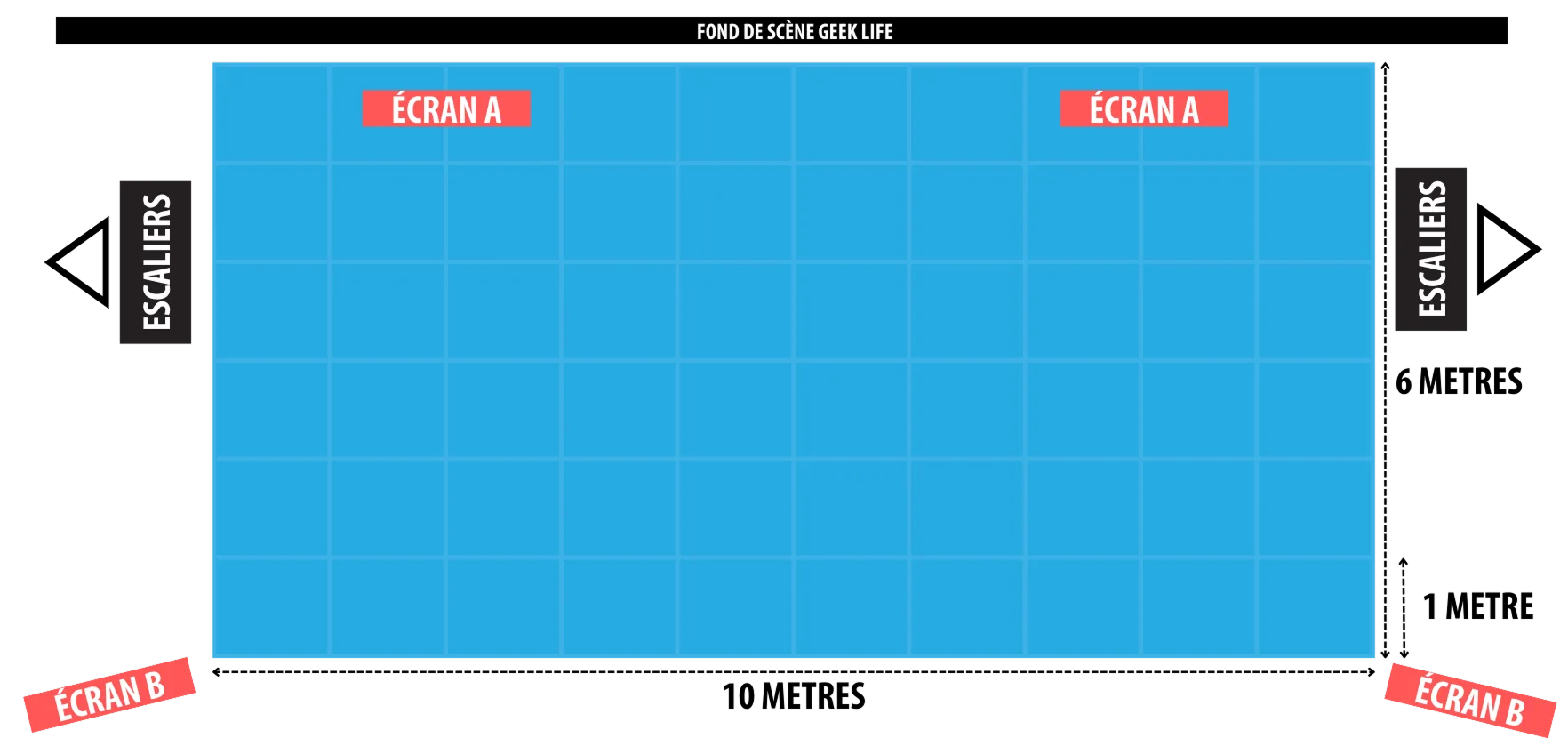 Plan de la grande scène du concours cosplay au festival Geek Life avec écrans, escaliers et zones de passage